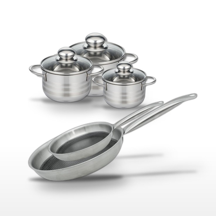Lot de poêles et faitouts Relief Solution en inox - 12/14/16/24/28 cm - noir