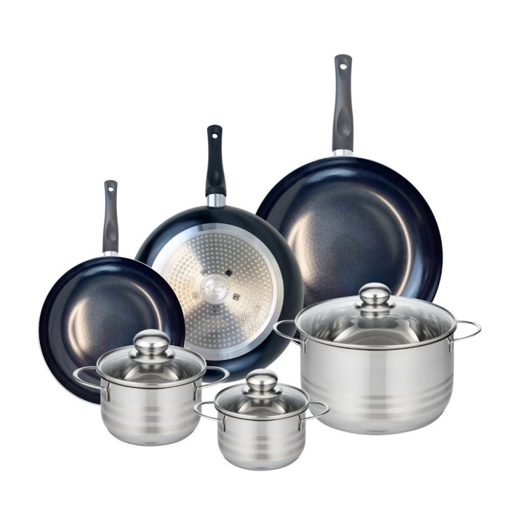 Batterie de cuisine Prima Brillant en aluminium et inox - 3 poêles et 3 faitouts