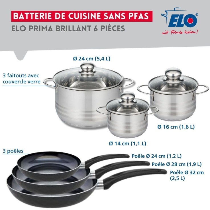 Batterie de cuisine Prima Brillant en aluminium et inox - 3 poêles et 3 faitouts