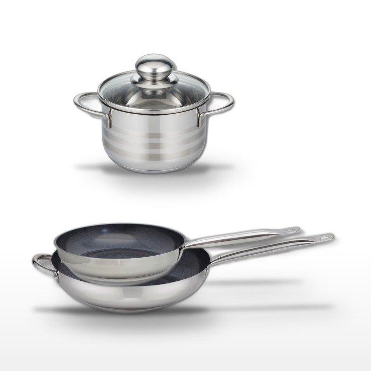 Lot de 2 poêles et faitout en inox - 28/32 cm et 12 cm