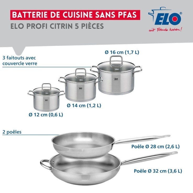 Batterie de cuisine Profi Citrin en inox - 2 poêles et 3 faitouts