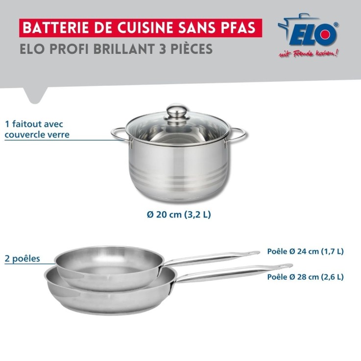 Batterie de cuisine Profi Brillant en inox - 24, 28 et 20 cm