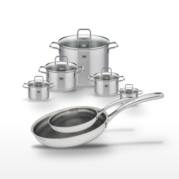 Batterie de cuisine Relief Evolution et Citrin en inox et verre