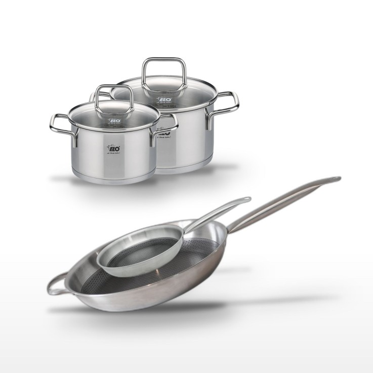 Batterie de cuisine Relief Solution en inox - 2 poêles et 2 faitouts
