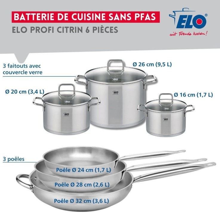 Batterie de cuisine Profi Citrin en inox - 3 poêles et 3 faitouts