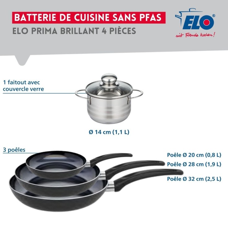 Batterie de cuisine Prima Brillant en aluminium et inox - 4 pièces - noire