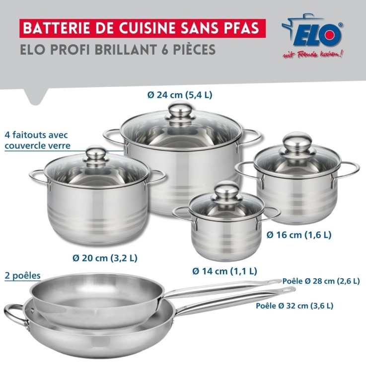 Batterie de cuisine Profi Brillant en inox - 6 pièces - poêles et faitouts