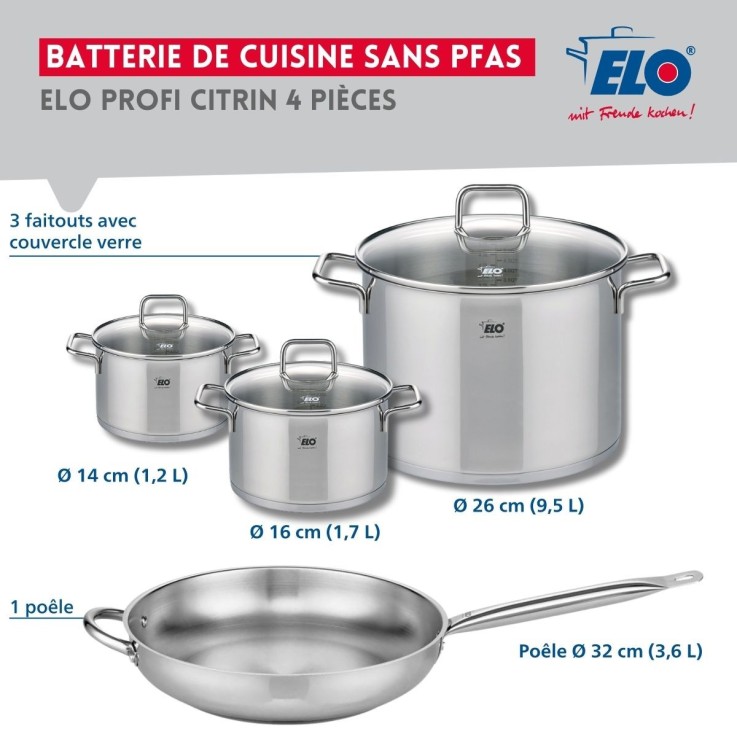 Batterie de cuisine Profi Citrin en inox - poêle et trois faitouts assortis