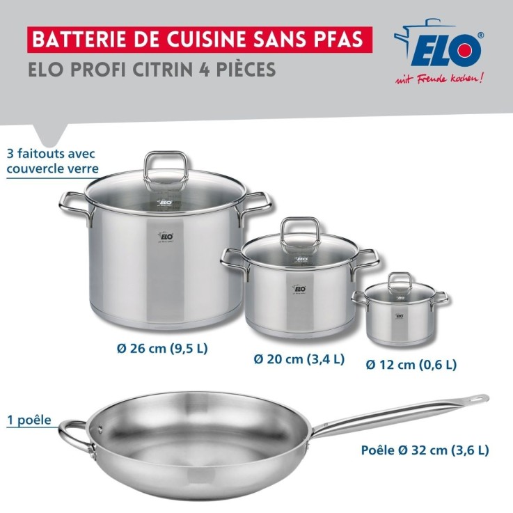 Batterie de cuisine Citrin en inox - poêle 32 cm et 3 faitouts