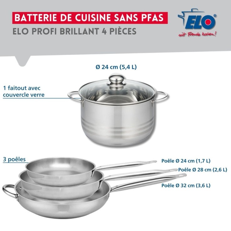 Batterie de cuisine Profi Brillant en inox - 24, 28 et 32 cm