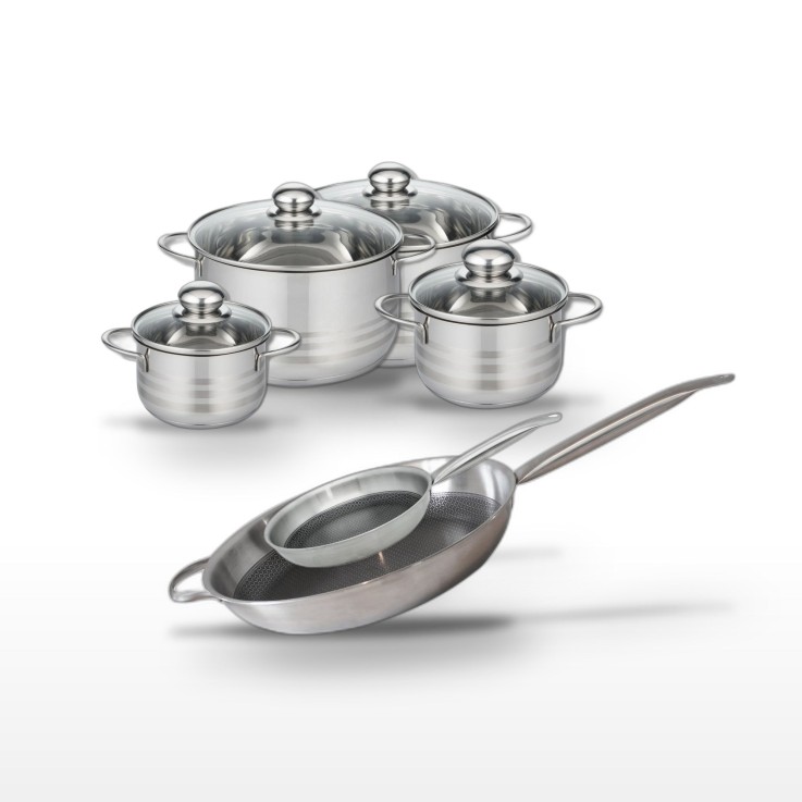 Lot de 2 poêles et 4 faitouts Relief Solution en inox - noir