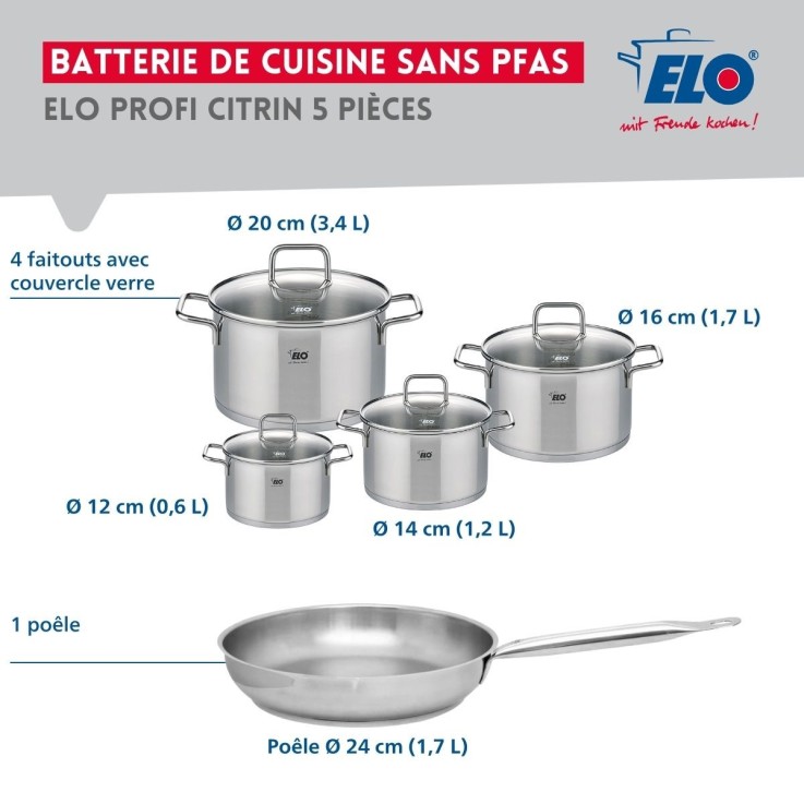 Batterie de cuisine Profi Citrin en inox - 5 pièces - 12 à 24 cm
