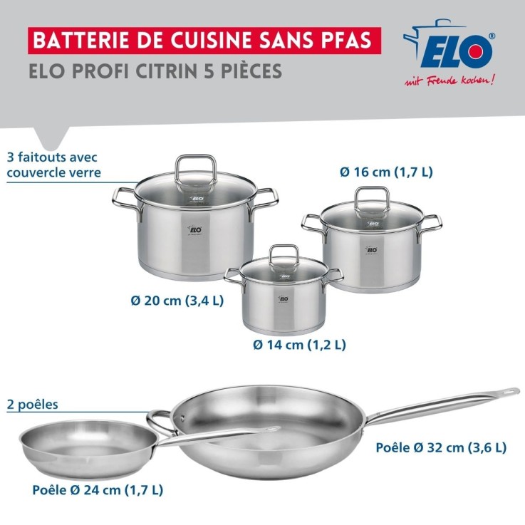 Batterie de cuisine Profi Citrin en inox - poêles et faitouts - grise