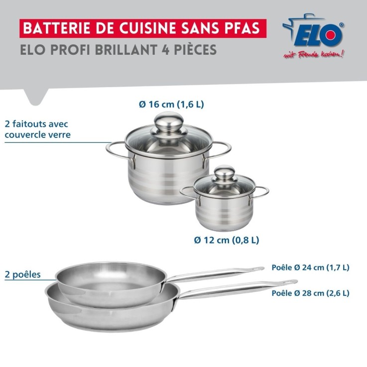 Batterie de cuisine Profi Brillant en inox - 2 poêles et 2 faitouts