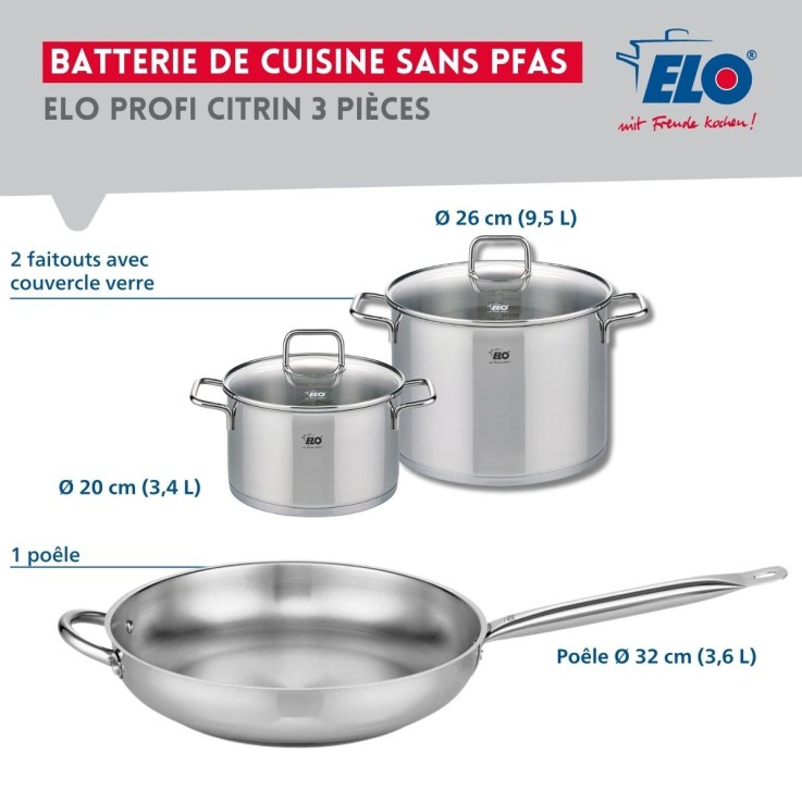 Batterie de cuisine Profi Citrin en inox - 20, 26 et 32 cm