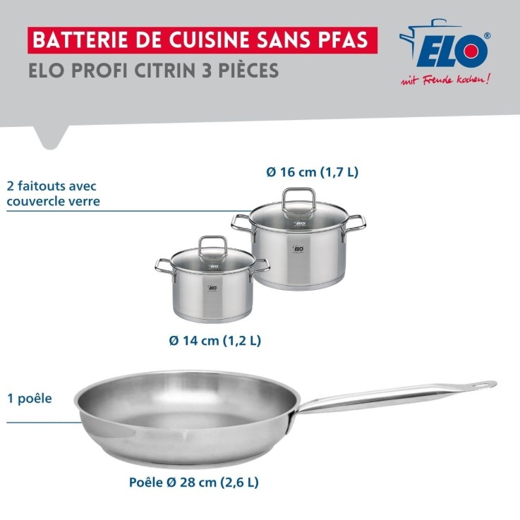 Batterie de cuisine Profi Citrin en inox - 28 cm - faitouts 14/16 cm
