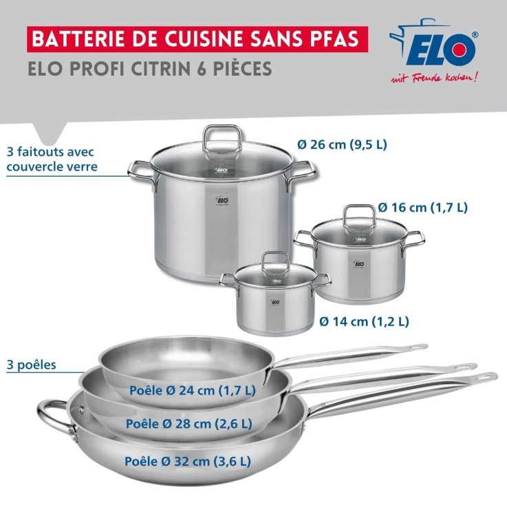 Batterie de cuisine Profi Citrin en inox - 3 poêles et 3 faitouts