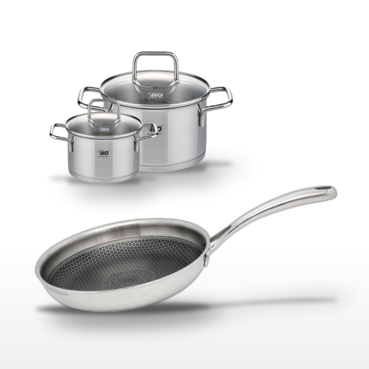 Lot poêle et faitouts Relief Evolution en inox et verre - 28/20/14 cm