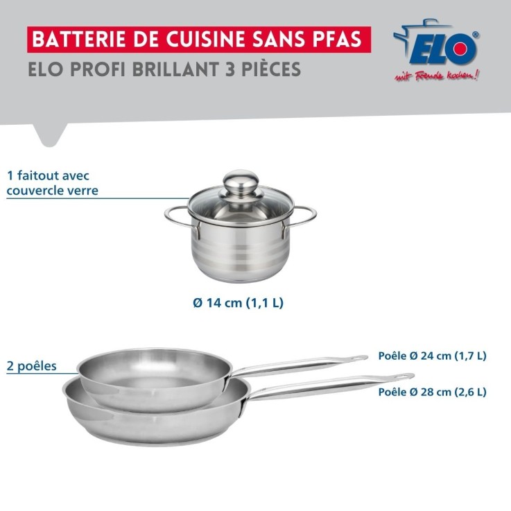 Ensemble de cuisson Profi Brillant en inox - poêles 24/28 cm - faitout 14 cm