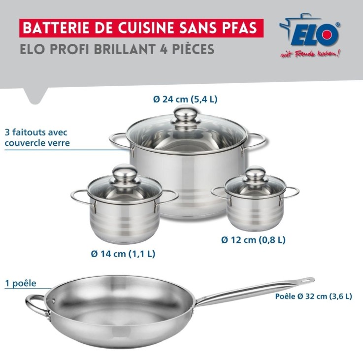 Batterie de cuisine Profi Brillant en inox - poêle 32 cm et faitouts 12, 14 et 24 cm