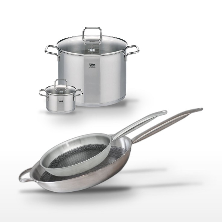 Batterie de cuisine Relief Solution en inox - 2 poêles et 2 faitouts