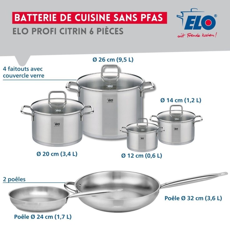 Batterie de cuisine Profi Citrin en inox - 2 poêles et 4 faitouts