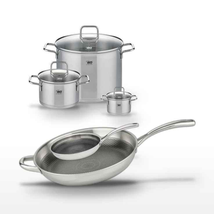 Batterie de cuisine Relief Evolution en inox - 3 faitouts et 2 poêles