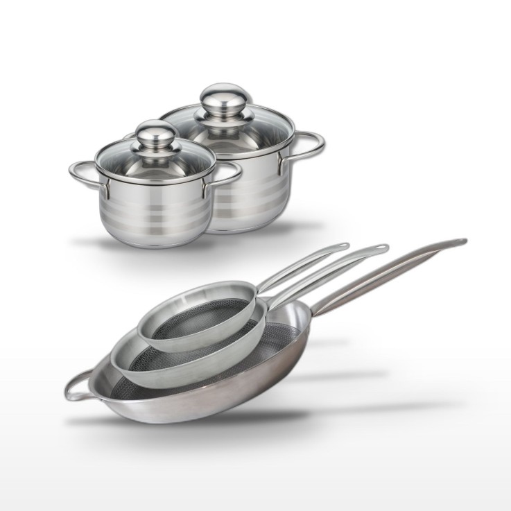 Batterie de cuisine Relief Solution en inox - 3 poêles et 2 faitouts