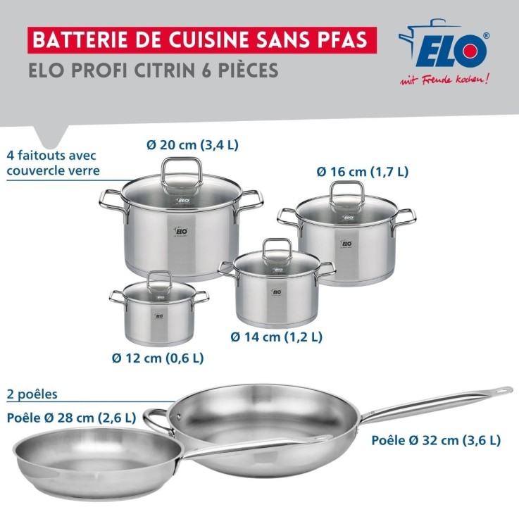 Batterie de cuisine Profi Citrin en inox - 2 poêles et 4 faitouts