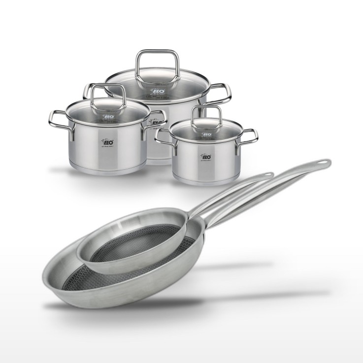 Batterie de cuisine Relief Solution en inox - 3 faitouts et 2 poêles