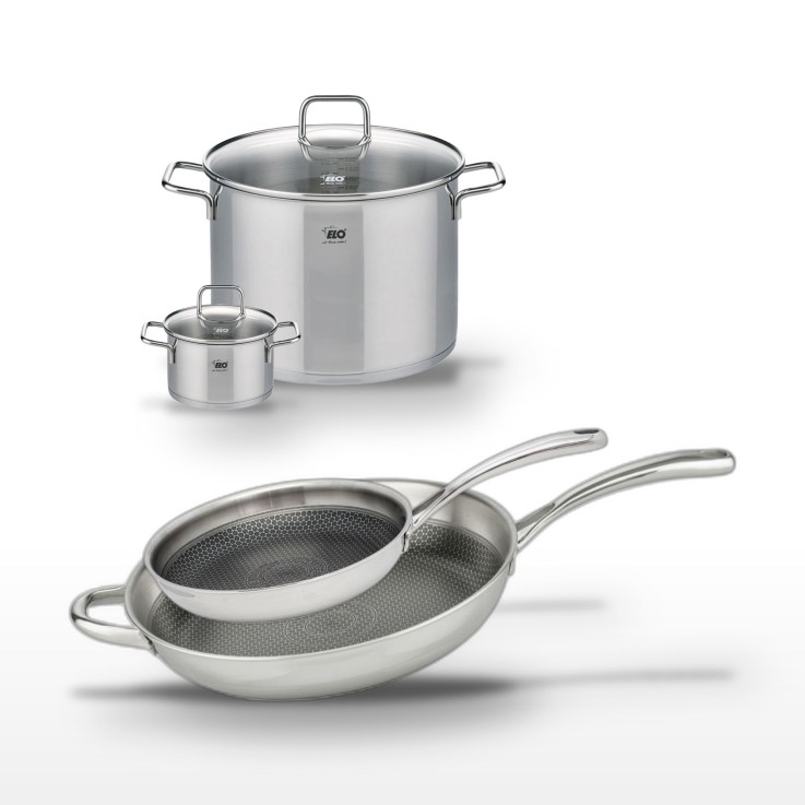 Batterie de cuisine en inox - poêles et faitouts - 28/32 et 14/26 cm