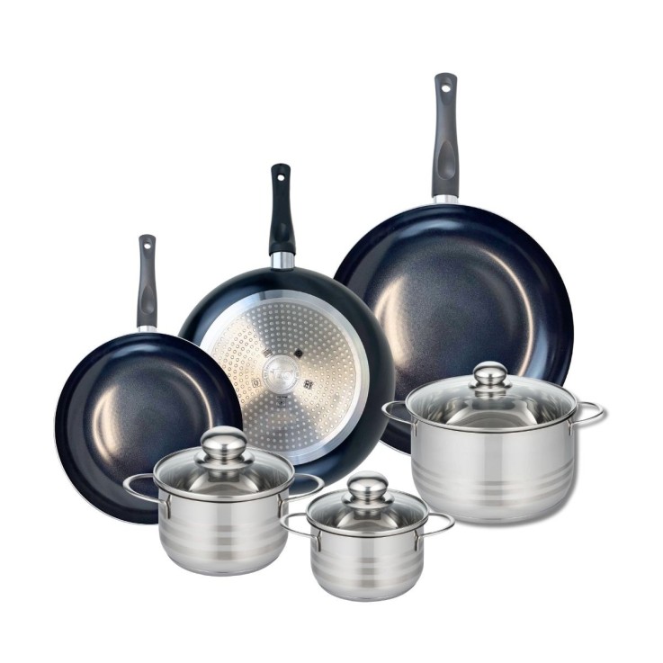 Batterie de cuisine Prima Brillant en aluminium et inox - 3 poêles et 3 faitouts