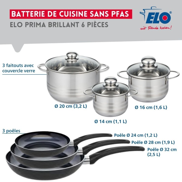 Batterie de cuisine Prima Brillant en aluminium et inox - 3 poêles et 3 faitouts