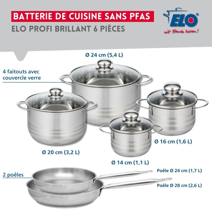 Batterie de cuisine Profi Brillant en inox - 2 poêles et 4 faitouts