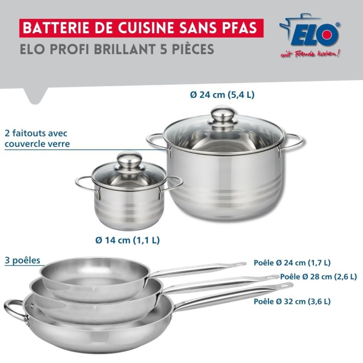 Batterie de cuisine Profi Brillant en inox 18/10 - 3 poêles et 2 faitouts