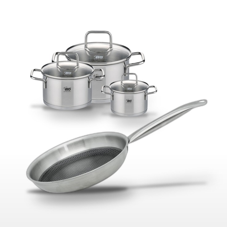 Batterie de cuisine Relief Solution en inox - faitouts 12/16/20 cm et poêle 28 cm