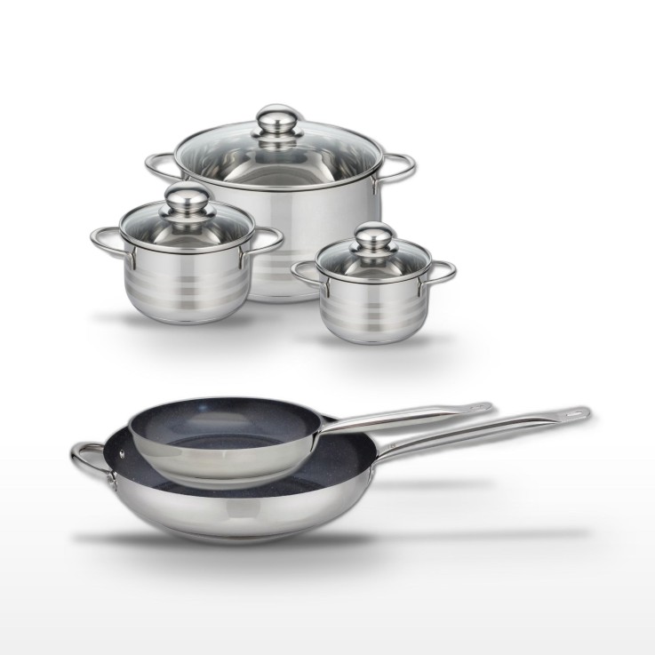 Batterie de cuisine Profi Therm Platinum en inox - deux poêles - trois faitouts