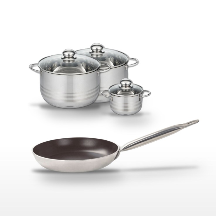 Batterie de cuisine Bistro Line et Brillant en aluminium et inox - poêle 28 cm - 3 faitouts