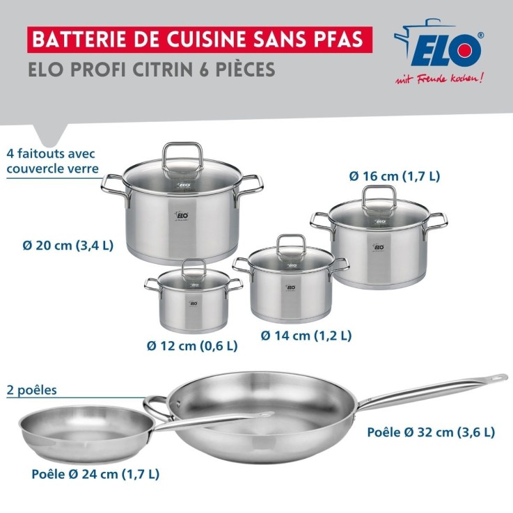 Ensemble de cuisson Profi Citrin en inox - 2 poêles et 4 faitouts