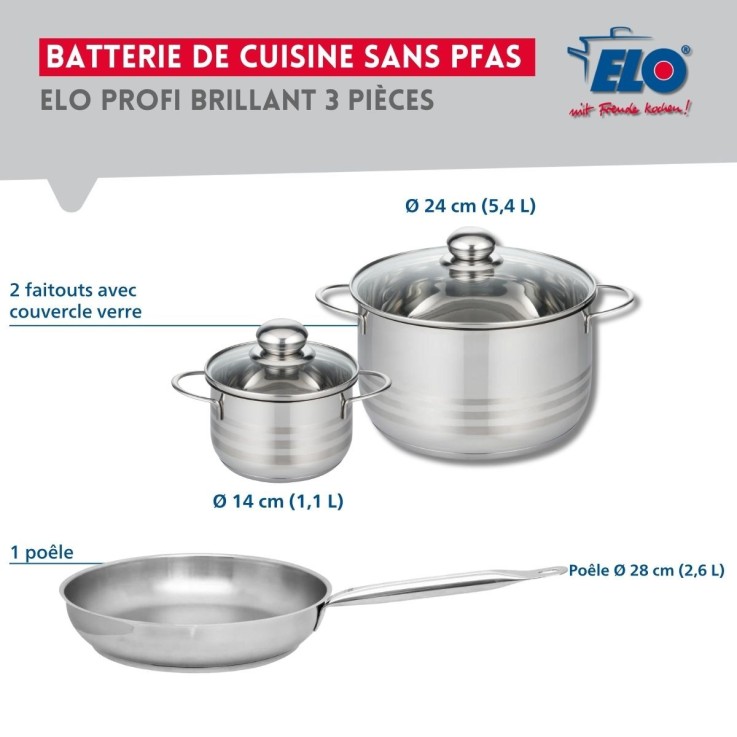Batterie de cuisine Profi Brillant en inox - 28 cm - 14 et 24 cm