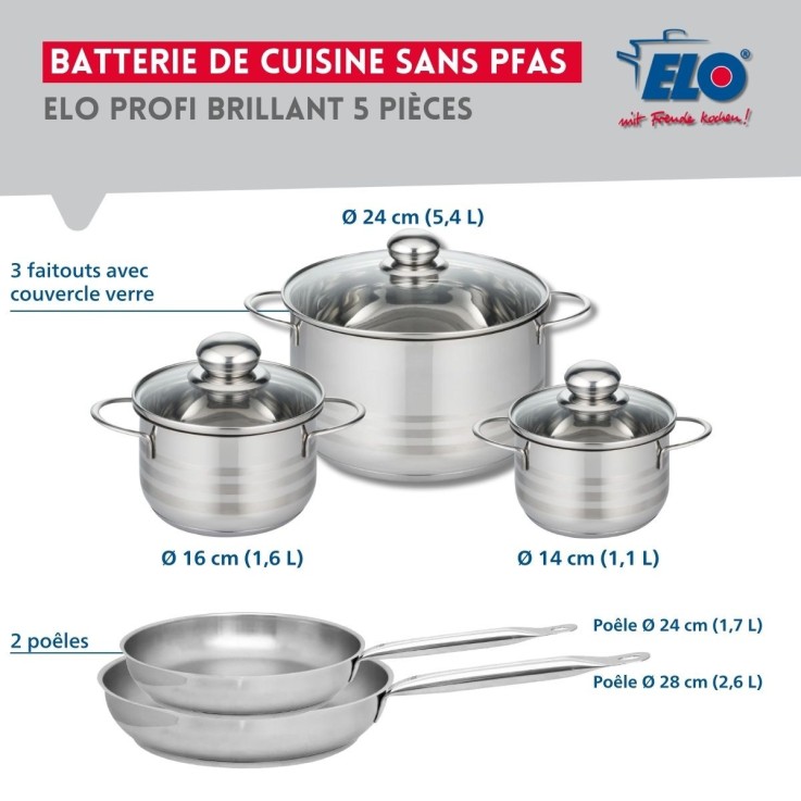 Batterie de cuisine Profi Brillant en inox - 2 poêles et 3 faitouts