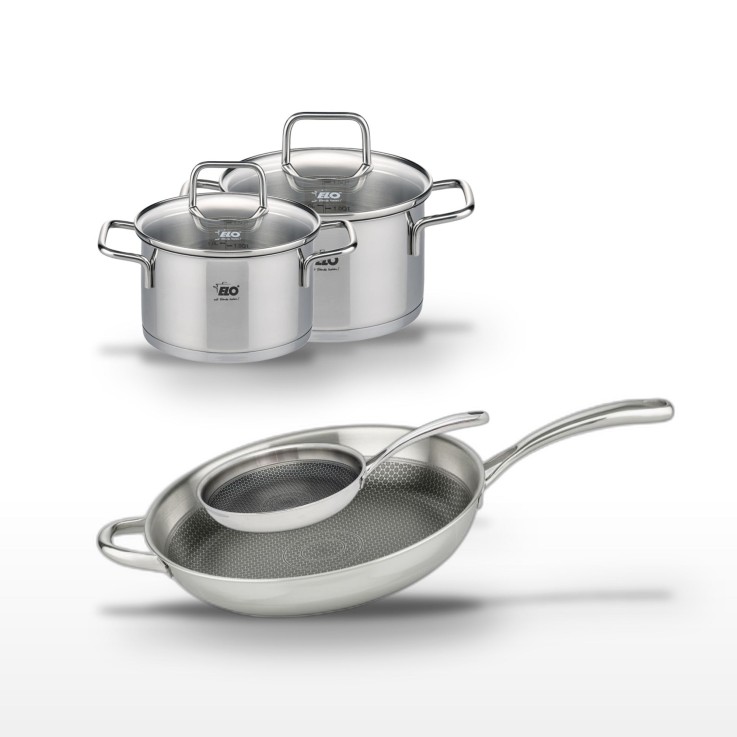 Batterie de cuisine Relief Evolution en inox - poêles 24/32 cm - faitouts 14/16 cm