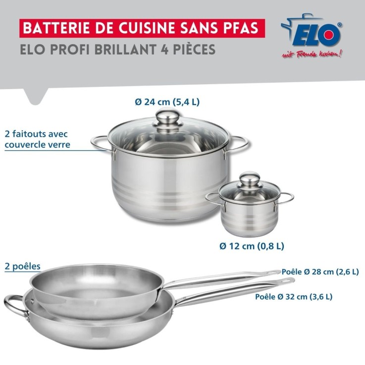 Batterie de cuisine Profi Brillant en inox - 2 poêles et 2 faitouts