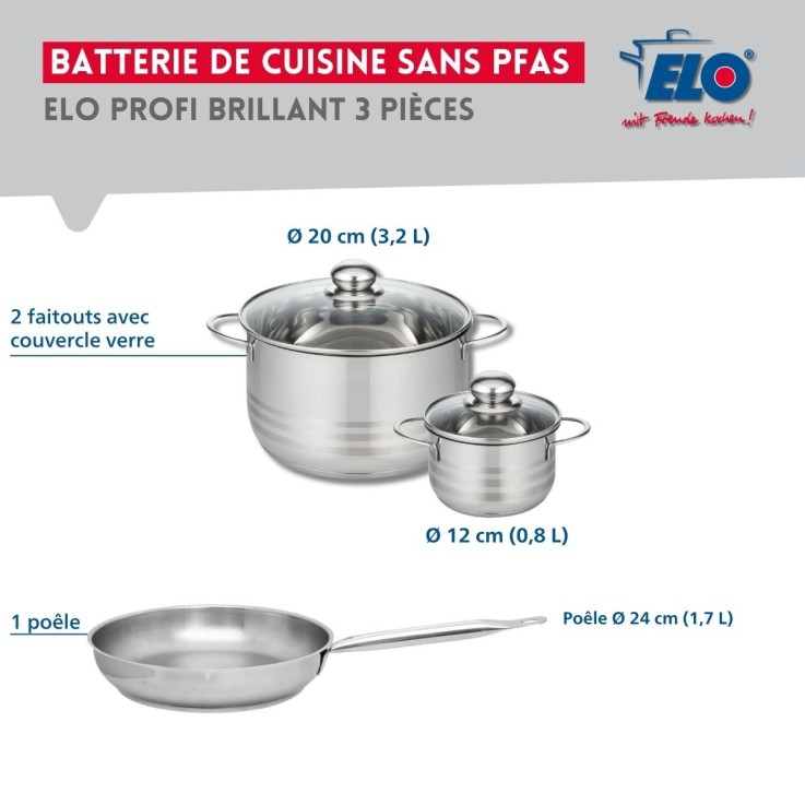 Batterie de cuisine Profi Brillant en inox - 3 pièces - 12, 20 et 24 cm