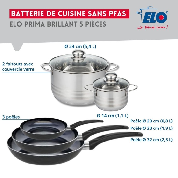 Batterie de cuisine Prima Brillant en aluminium et inox - 5 pièces - noir