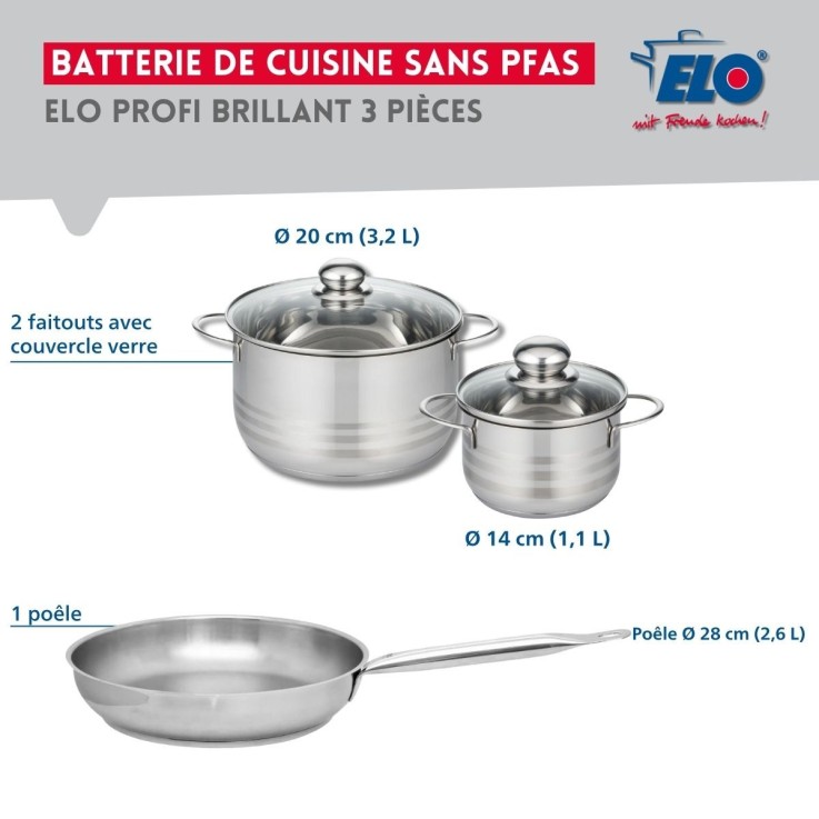 Batterie de cuisine Profi Brillant en inox - 14, 20 et 28 cm
