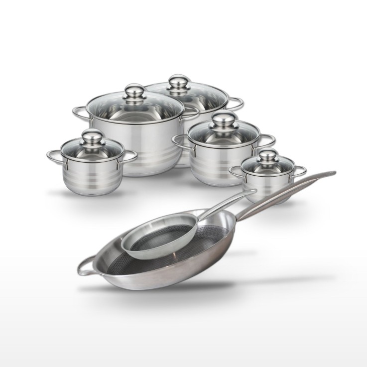 Batterie de cuisine Relief Solution en inox - 2 poêles et 5 faitouts