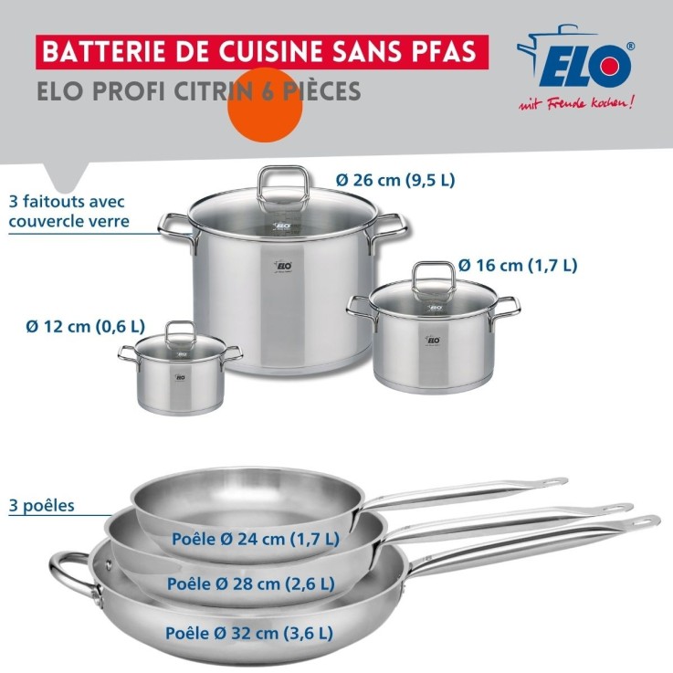 Batterie de cuisine Profi Citrin en inox - 24, 28 et 32 cm - 12, 16 et 26 cm