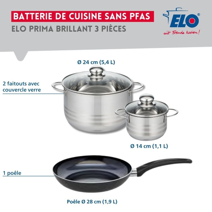 Batterie de cuisine Prima Brillant en aluminium et inox - 14, 24 et 28 cm