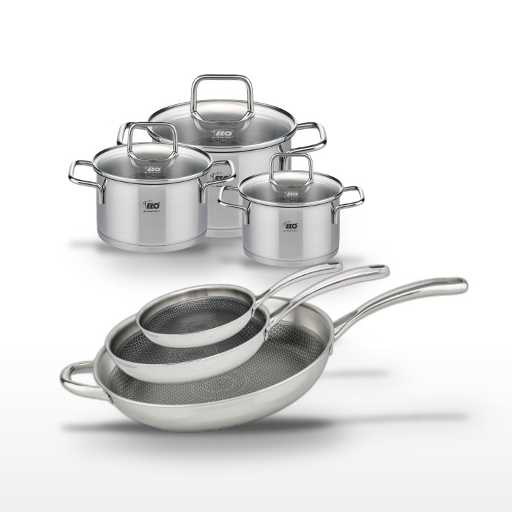 Batterie de cuisine Relief Evolution en inox - 3 poêles et 3 faitouts